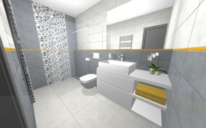 kúpeľňa s šedou mozaikou a žltým pruhom